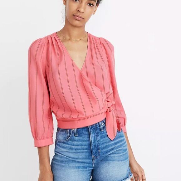 Madewell Cotton Pink Wrap Top in Cecilia Stripe Sz S - Picture 1 of 8